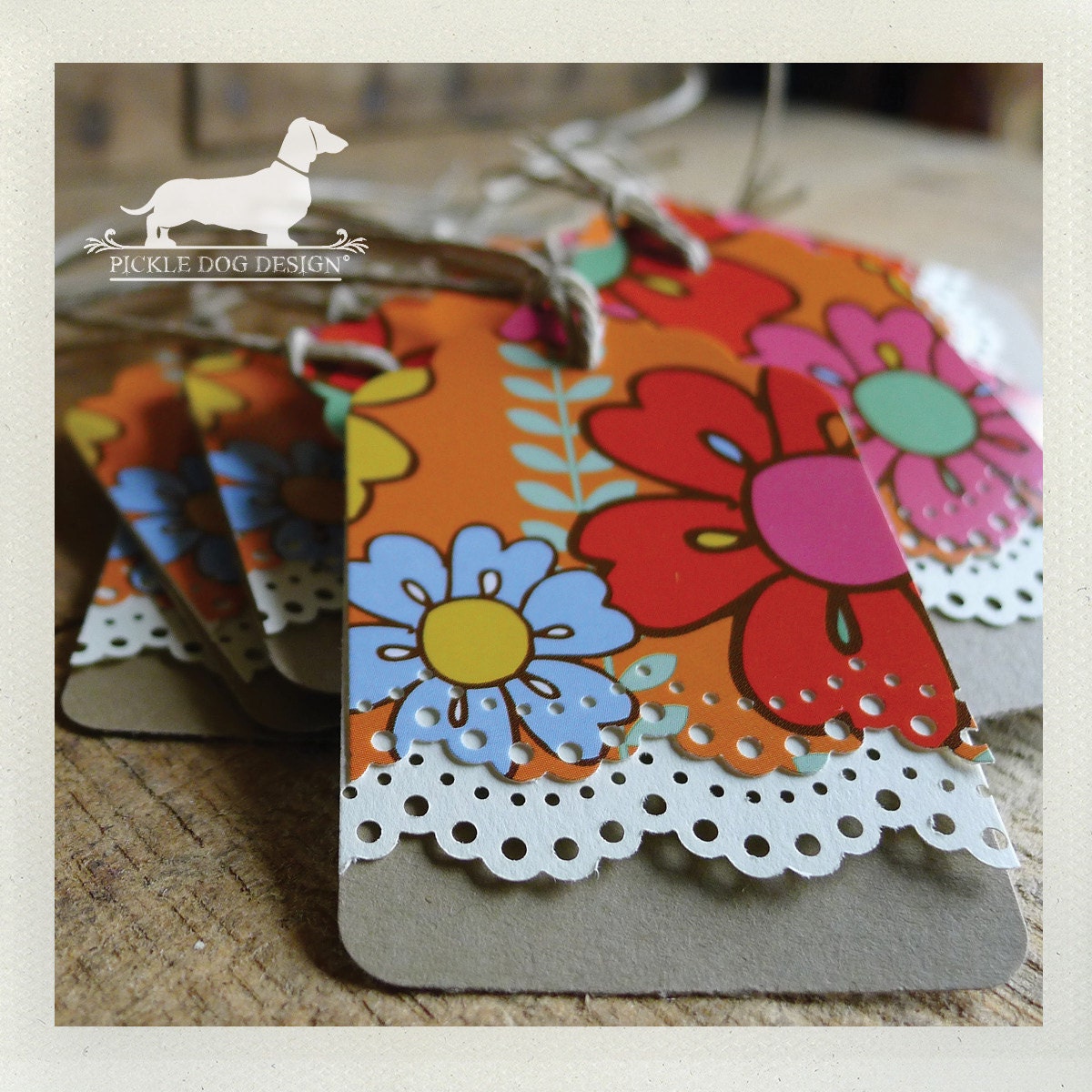 Garden Party. Gift Tags (Set of 12) -- (Spring, Vintage-Style, Flower Tags, Party Favor Tags, OOAK, Bright, Thank You Tags)