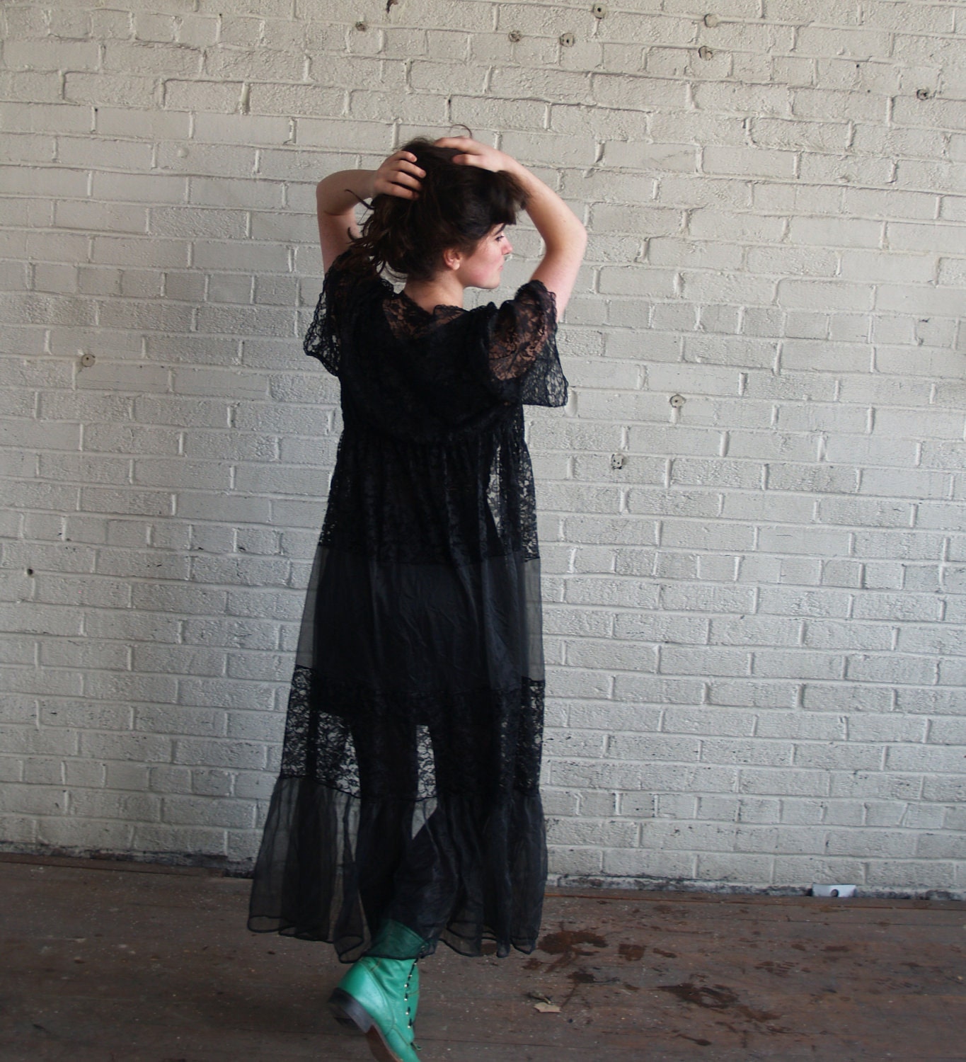 RESERVED for gretadavis 60s black sheer lace robe large