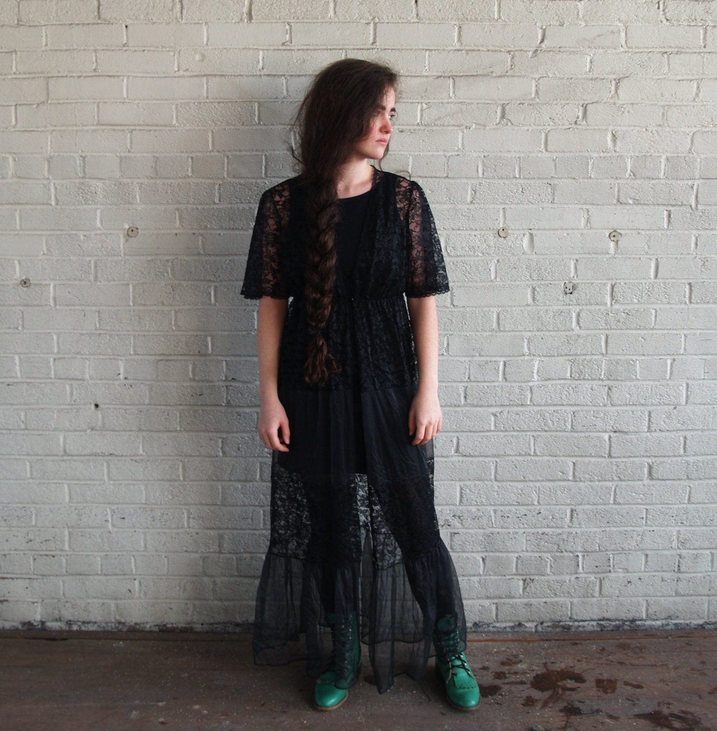 RESERVED for gretadavis 60s black sheer lace robe large