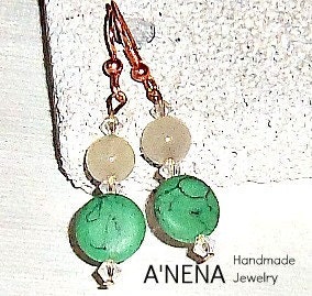 Earrings    " Faithful"   Pink Rose Quartz and Green Howlite and A'Nena's own  Copper fishing hook