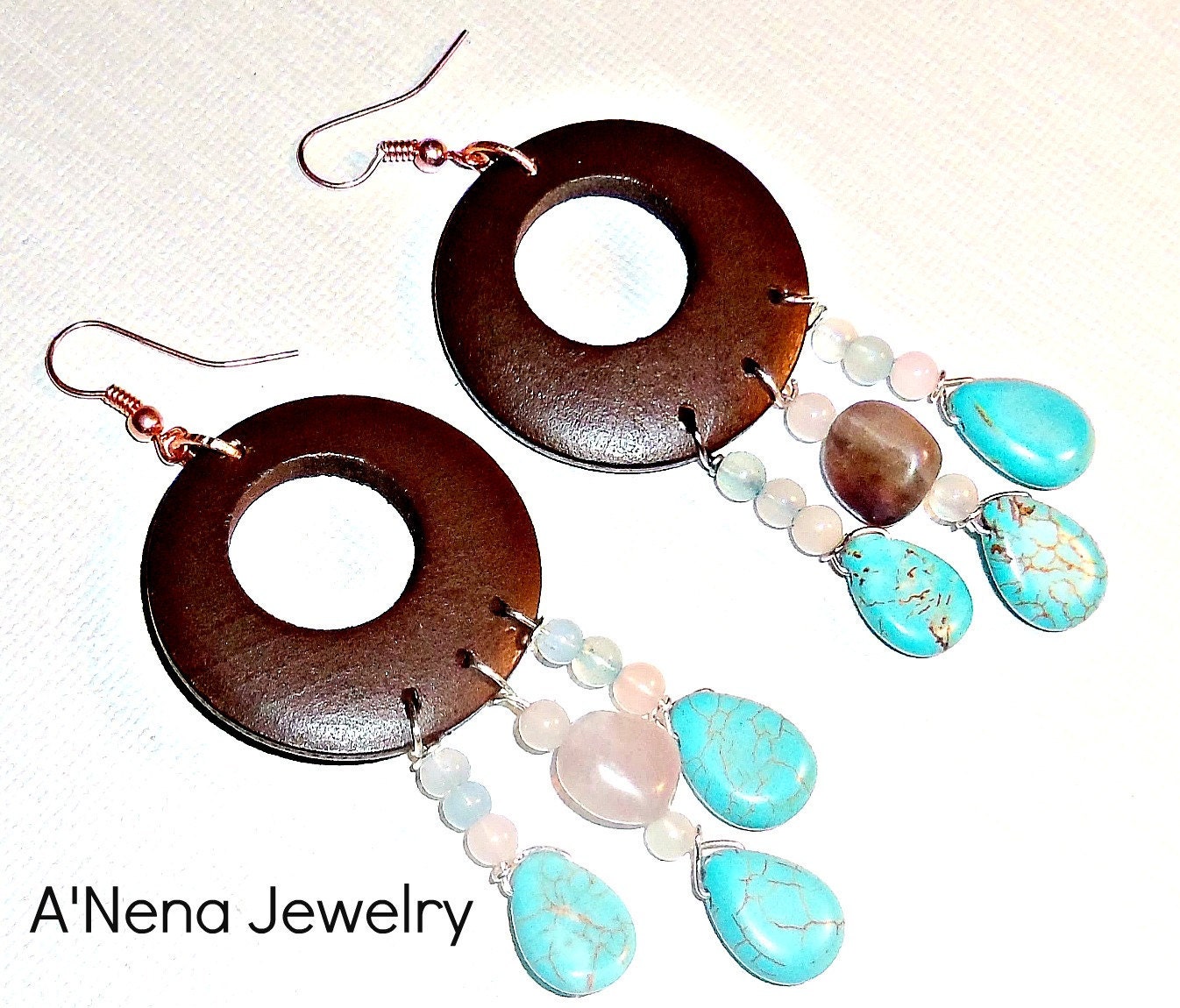 Earrings: Wood , Amethyst, Quartzite, and Howlite Chandelier "Free Spirit" Taino Inspired