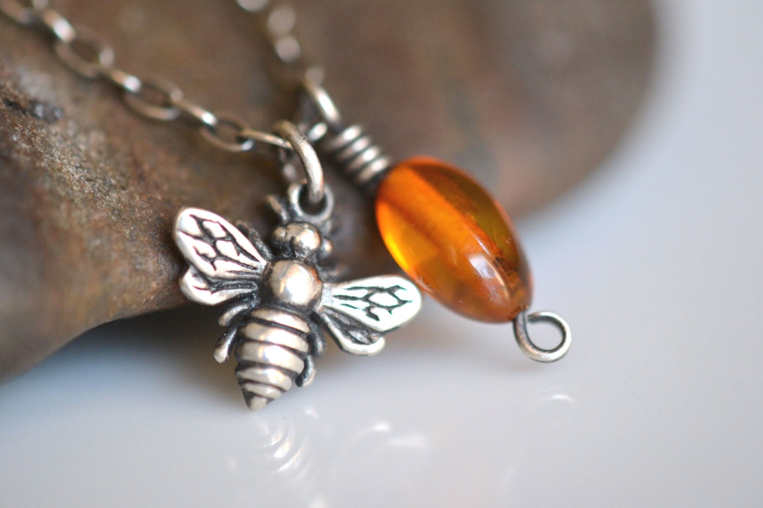 Bee Necklace, amber necklace, bee jewelry, amber jewelry, autumn jewelry, charm necklace, sterling silver handmade necklace, bug jewelry - Illuminista