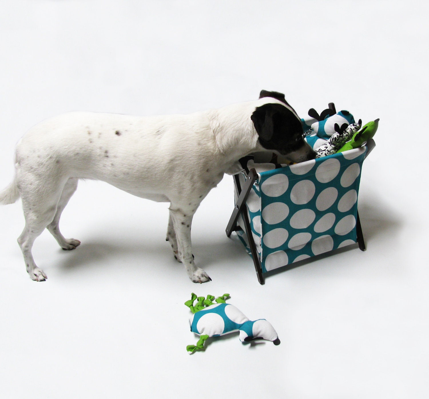Turquoise & White Polka Dot Pet Toy Hamper with frame