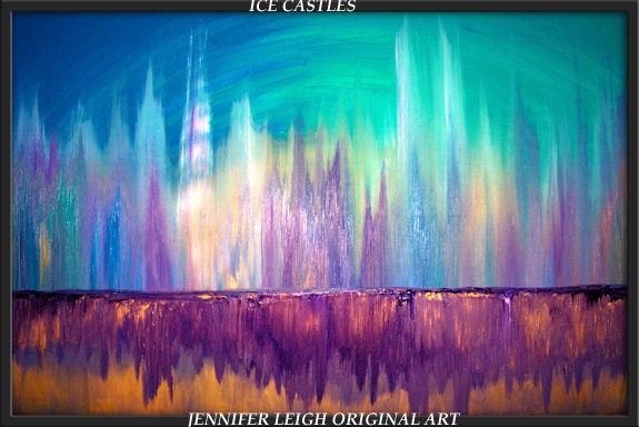 Original Large Abstract Painting Modern Contemporary Canvas Art 36x24 Skyline "ICE CASTLES" Texture Oil Blue Purple Gold 36" by J.LEIGH