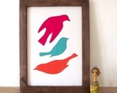 Bird Shapes A3 Screenprint in Magenta, Turquoise and Orange