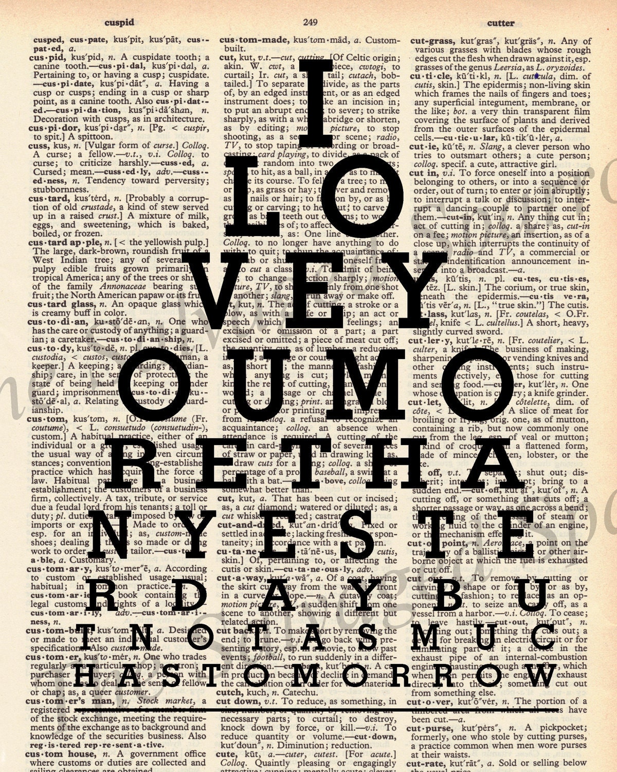 Vintage Dictionary Eye Chart Print -I Love You More  -plus FREE 5x7 monogram