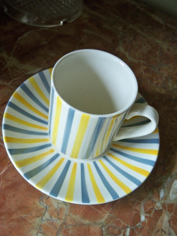Vintage Cup and Saucer Striped Yellow and Grey