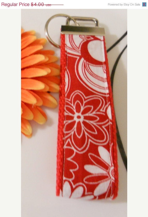 Close Out Sale Key Fob Wristlet - Red with White Flower Design