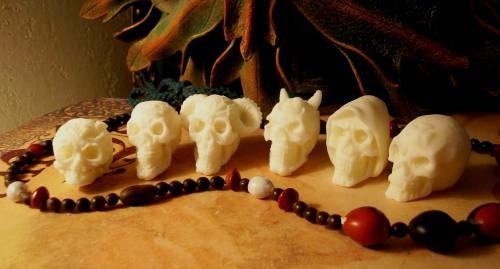 Set of 6 LIttle White Beeswax Skull Candles Each Is Different Free USA Shipping