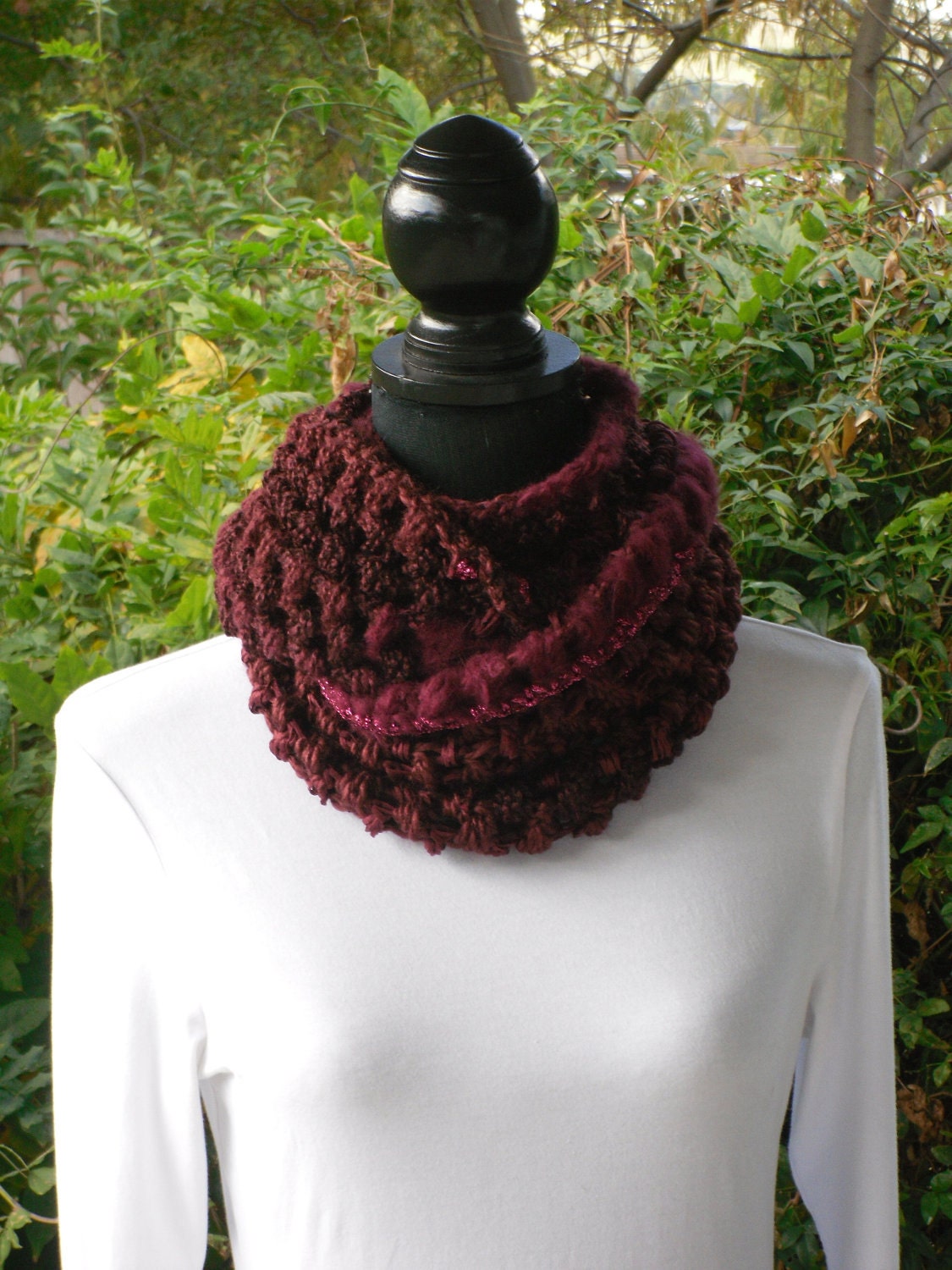 Infinity Eternity Cowl Neck Warmer Scarf Garnet Burgundy Soft Cluster Crochet MADE TO ORDER