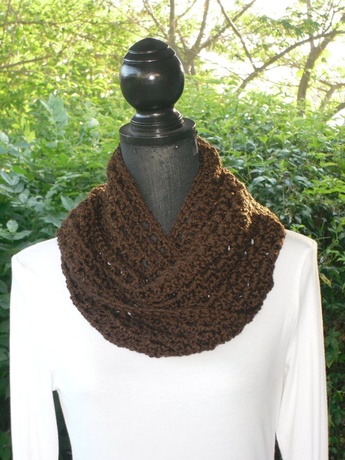 Infinity Eternity Cowl Neck Warmer Scarf Chocolate Brown Cluster Crochet READY TO SHIP