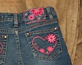 Upcycled Girls Denim Skirt with Pink Embroidered Hearts & Flowers, Made from Jeans, Size 6X, Valentine's Day Gift