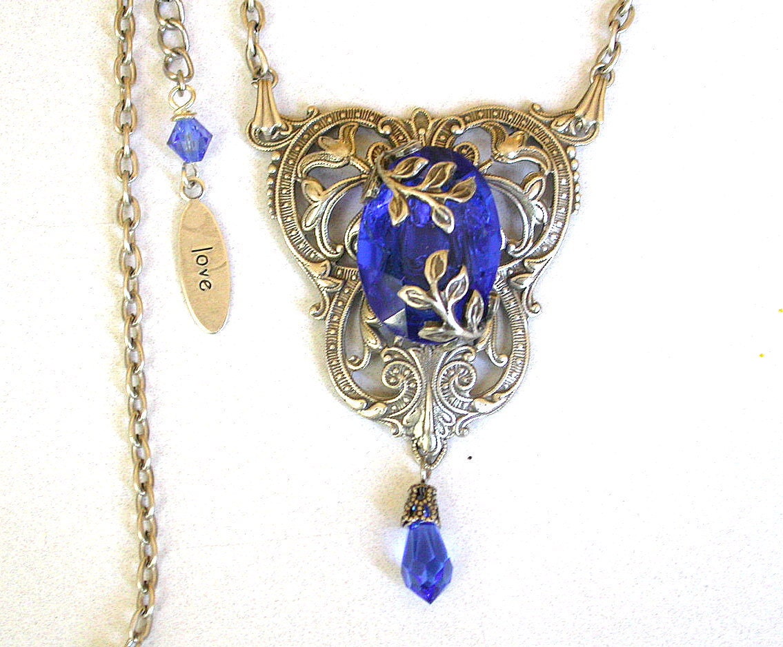 Victorian Sapphire Crystal Necklace  - Sapphire Jewel on Silver and Swarovski Crystals - Victorian Jewelry