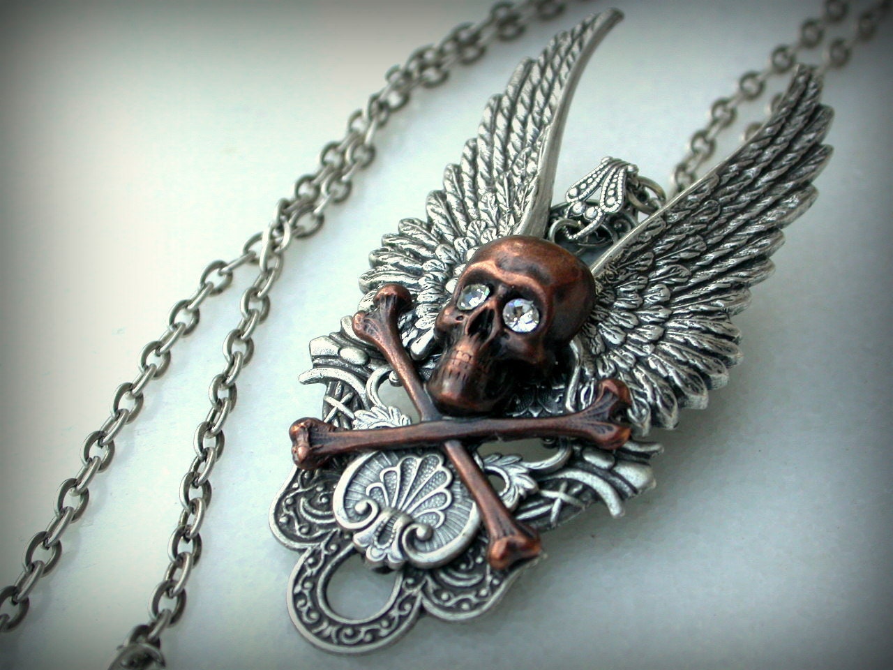Skull Bones and Wings Necklace - Silver and Copper - Fantasy Gothic Jewelry - Angel Wings Necklace