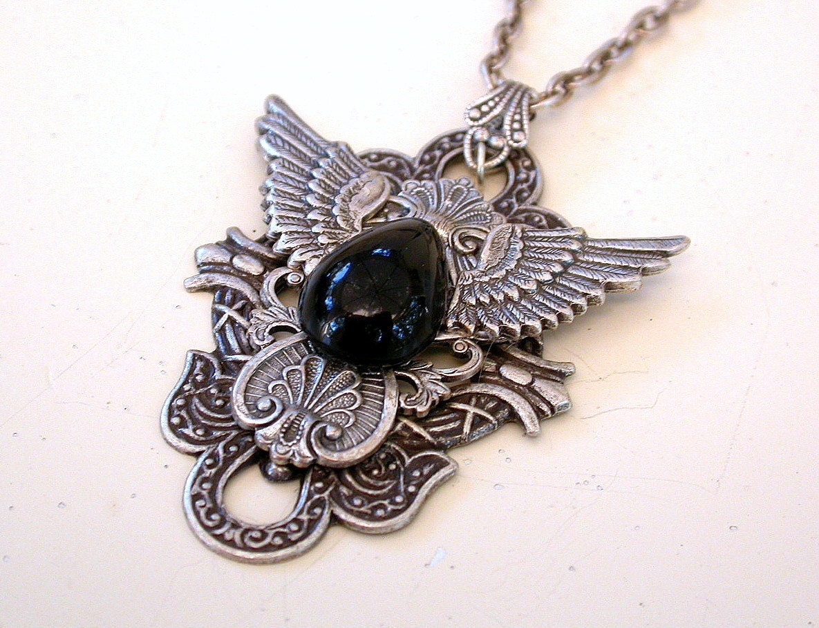 Silver Gothic Wings Pendant  - Black Onyx Gemstone - Men Women Gothic Jewelry - Wings Necklace