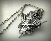Mr Blue Eyes - Gothic Silver Skull Necklace - Men Women Gothic Jewelry - Wings Jewelry