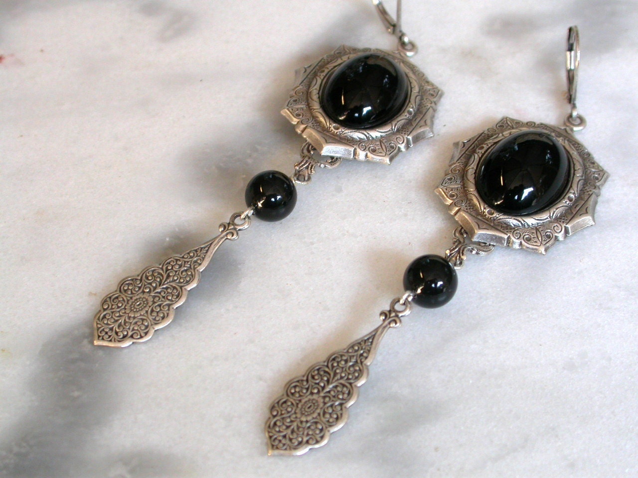 Gothic Victorian Black Onyx Earrings - Sterling Silver Plated brass, Swarovski pearls - Gothic Jewelry