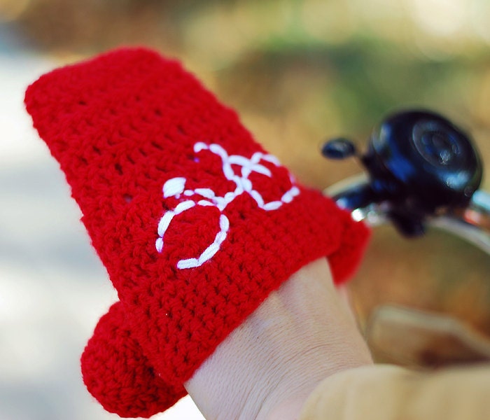 Bike Hand Warmers Gloves Wool Crochet Autumn Fall Winter Spring Cold Days Unisex Woman Man Teens Gift Cozy  Red