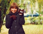 BEAR MITTENS Gloves Warm Wool Crochet Autumn Fall Winter Cold Days Woman Girl Teens Cozy Brown Warm Forest Animals Woodland