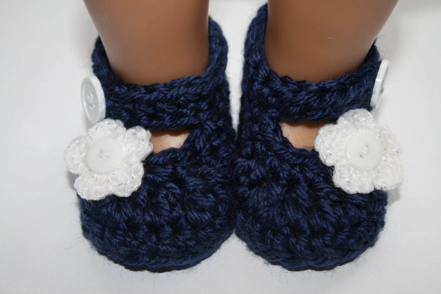 Crochet knit navy blue baby girl mary janes slippers booties shoes with white flower newborn 0-3 months 3-6 months