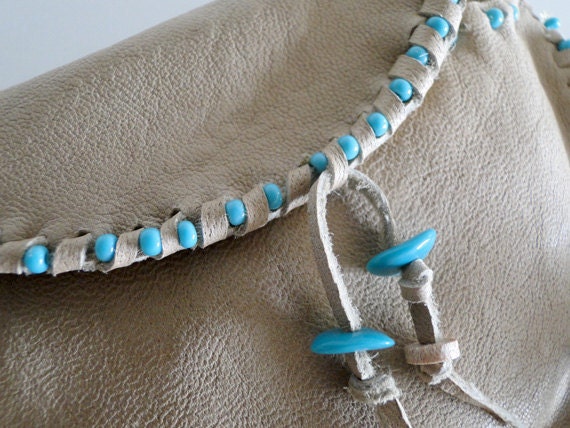 Native American inspired pouch with turquoise beads and feather - espresso color