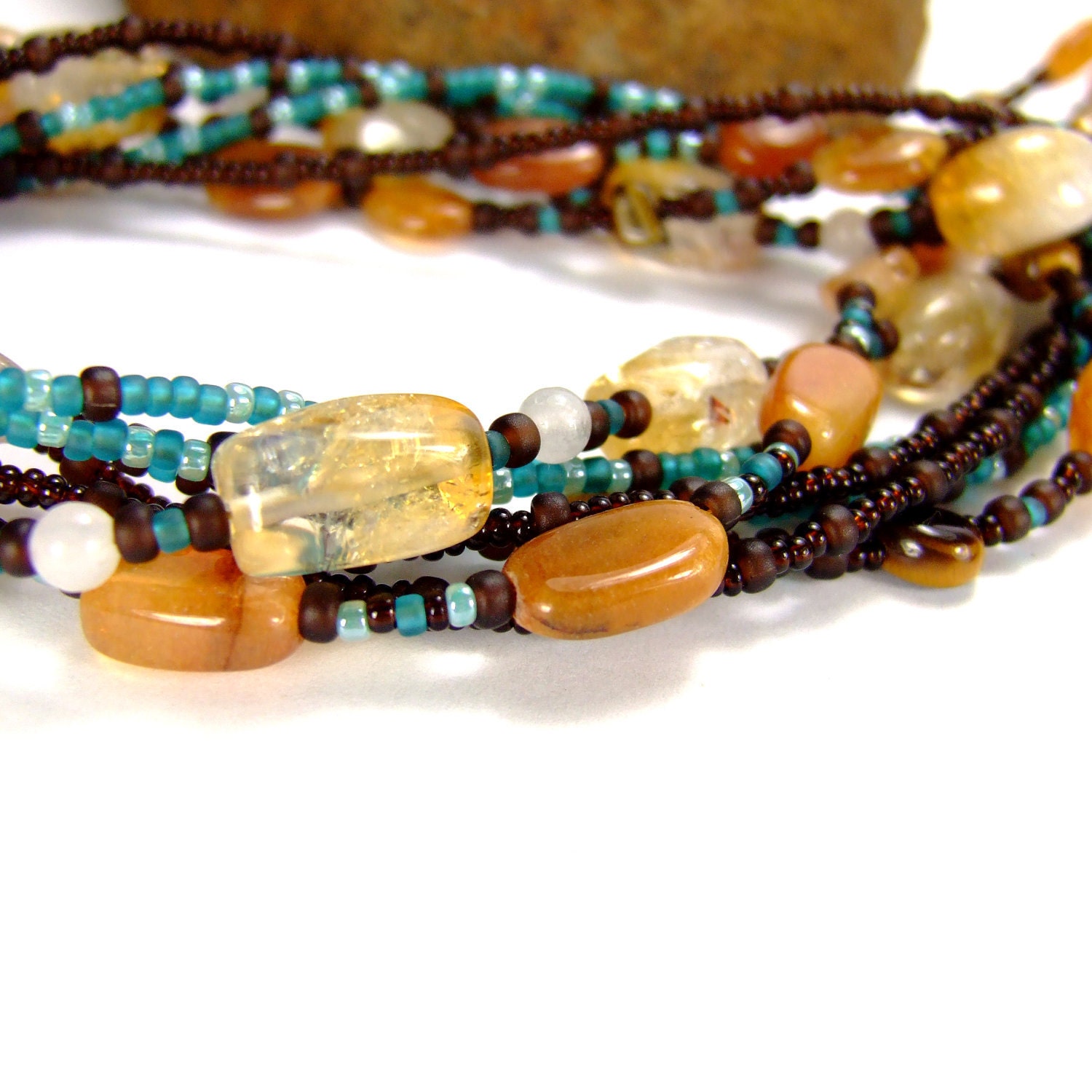 Multistrand Gemstone Necklace, Citrine and Red Aventurine Gemstone Chakra Necklace