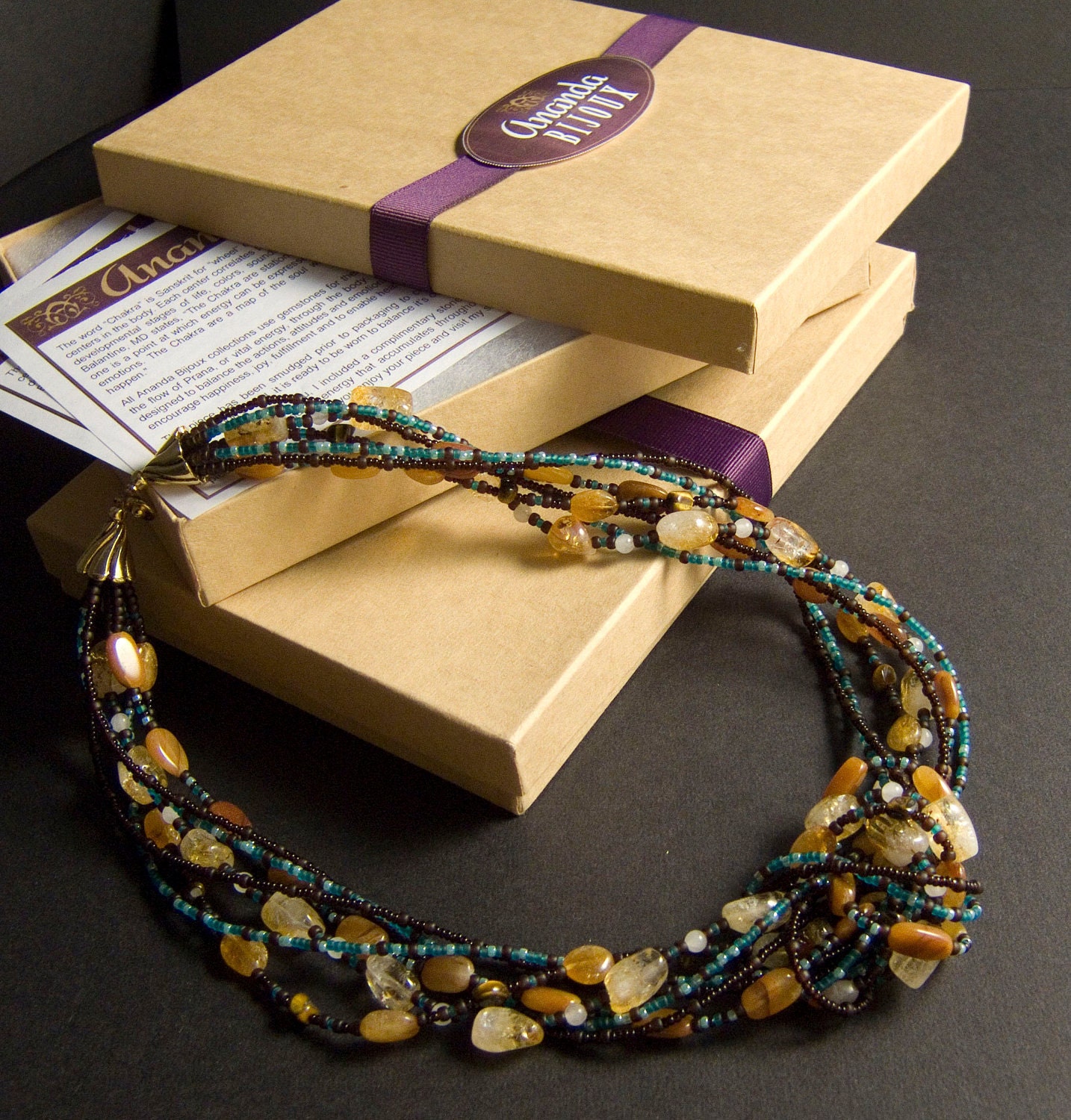 Multistrand Gemstone Necklace, Citrine and Red Aventurine Gemstone Chakra Necklace