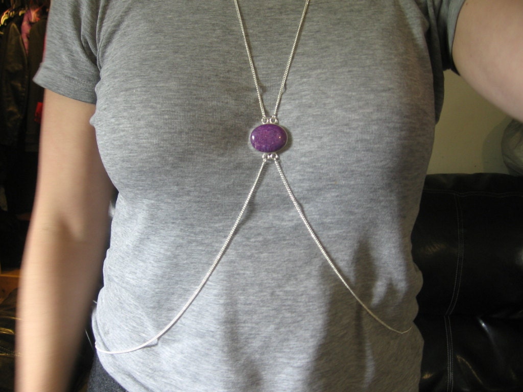 925 Silver Body Chain Harness belly chain belly dancing jewelry with Purple Coral Jasper Gemstone & matching feather earrings.