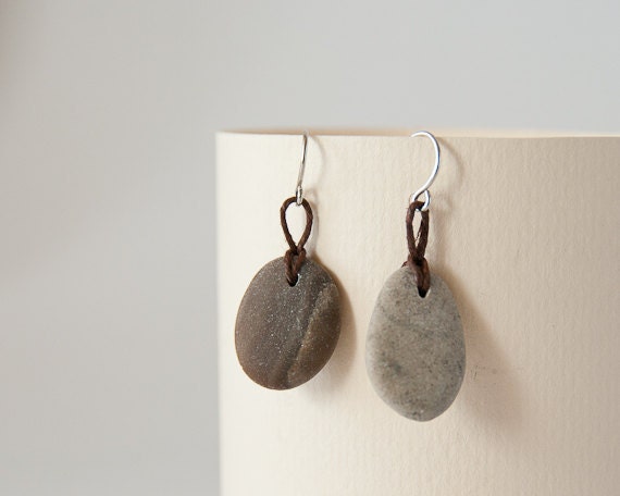 Beach Pebble Earrings, Zen, Yoga Style, Boho, Unisex Hipster Urban Jewelry by HappyEmotions, Sea Stone, Linen Twine, OOAK, Rocks