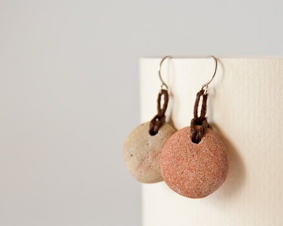 Beach Pebble Earrings, Zen, Yoga Style, Boho, Unisex Hipster Urban Jewelry by HappyEmotions, Sea Stone, Linen Twine, OOAK, Rocks