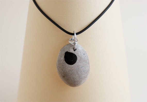 Beach Pebble Necklace, Zen, Yoga Style, Splash of Black, Unisex Hipster Urban Jewelry, Sea Stone and Ink Blots, Japan OOAK (S006), Rocks