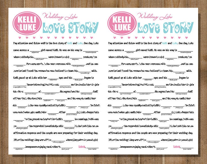PRINTABLE Bridal Shower Game, Wedding Reception Game -- WEDDING LIBS: Love Story -- Custom