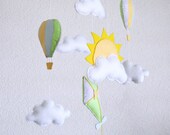 Flying kite, Hot air balloons and Clouds baby crib Deco Mobile. Choose your colors for an unique baby nursery mobile