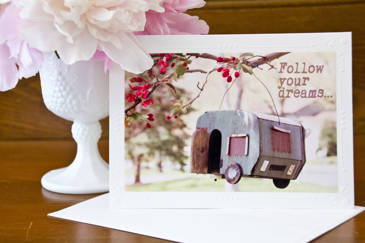 Inspirational Photo Greeting Card - Blank Note Card - Follow Your Dreams Whimsical Note Card - 5x7  - Deep Pink  Green - Paper Goods