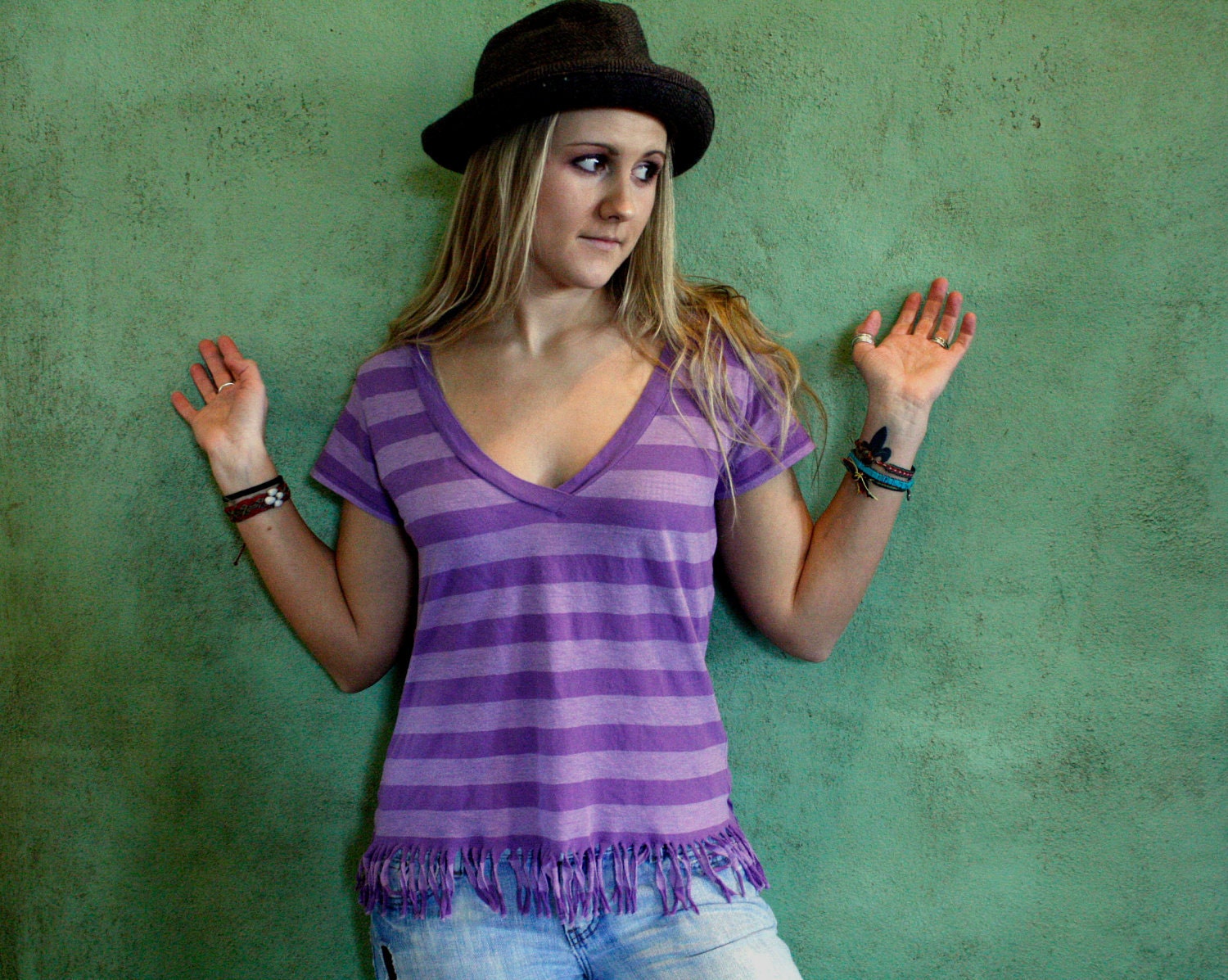 Purple Stripe Fringe T-Shirt