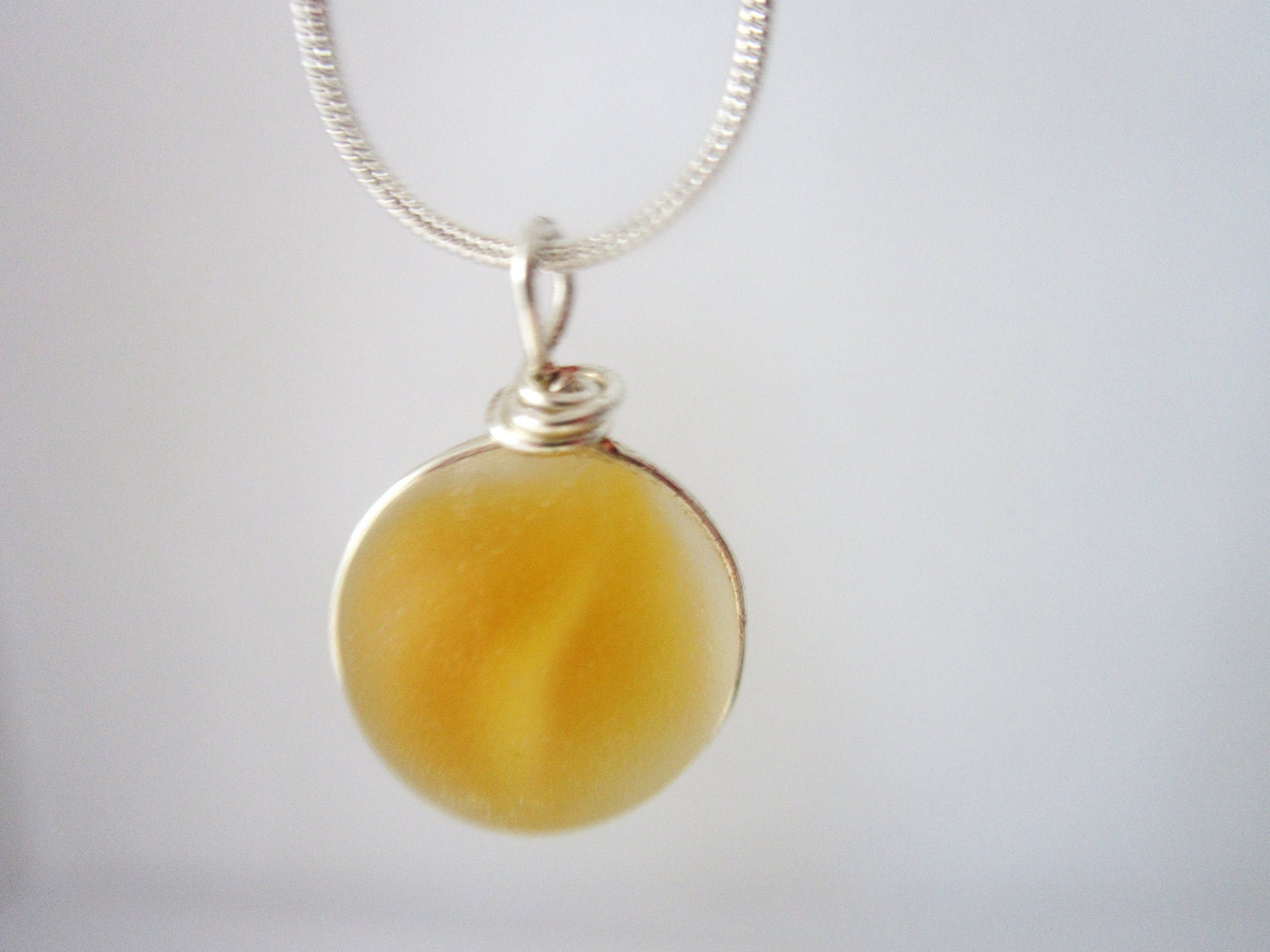 Yellow Sea Glass Pendant genuine beach orb wire wrapped