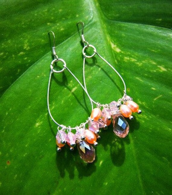 pink pearl earrings, teardrop, swarovski crystals