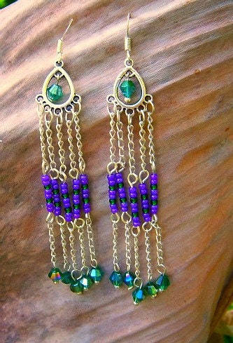 beaded tribal earrings, chain,  swarovski crystals, ooak
