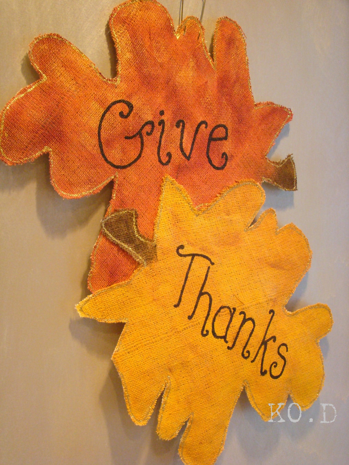 Fall leaves "Give Thanks" painted burlap door hanging