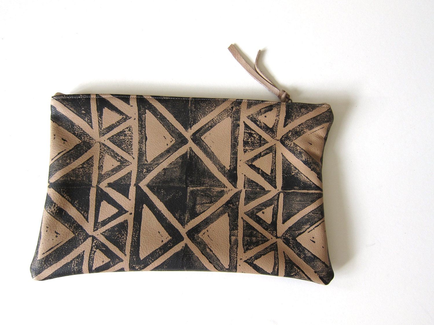 Medium black and tan hand-printed leather triangles clutch