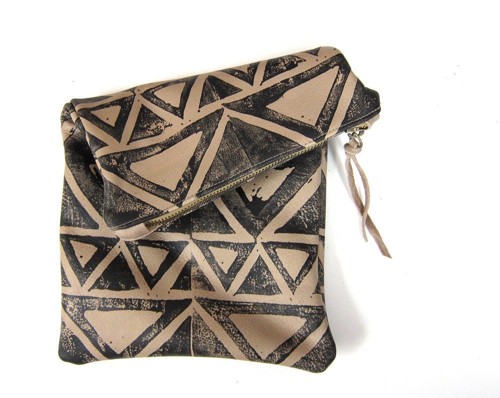 Medium black and tan hand-printed leather triangles fold-over clutch