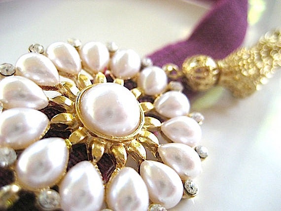 Beaded Pearl Headband Elastic Rhinestones Gold Tassel