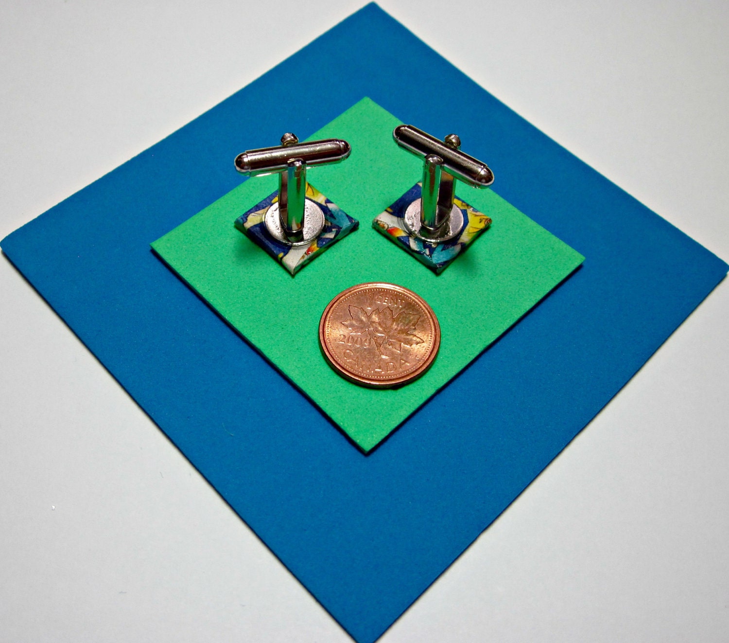 Mega Man Cufflinks. Video Game Comic Capture. Upcycled Recycled Capcom Comic Collage. Android. Wood Base.