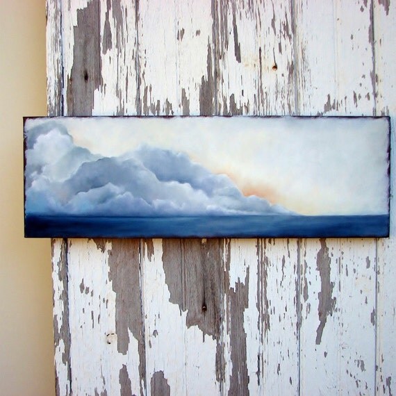 Seascape original oil painting thunderstorm clouds at sunset - Sinking Memories