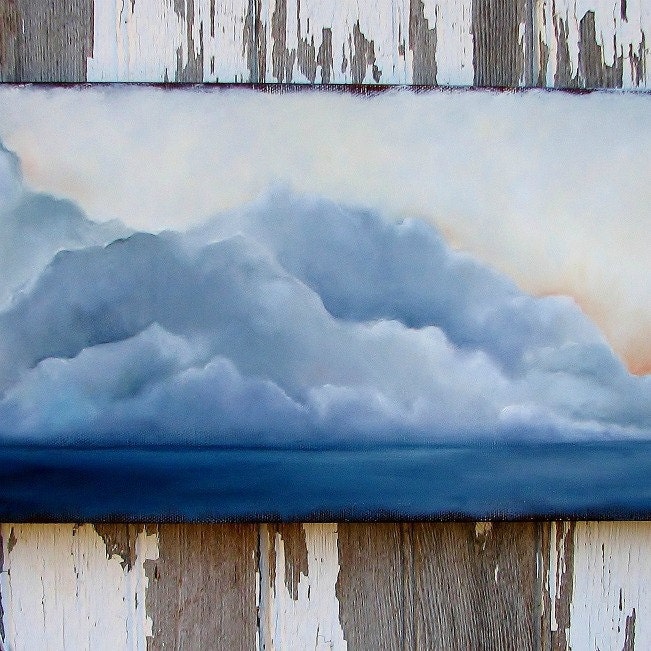 Seascape original oil painting thunderstorm clouds at sunset - Sinking Memories