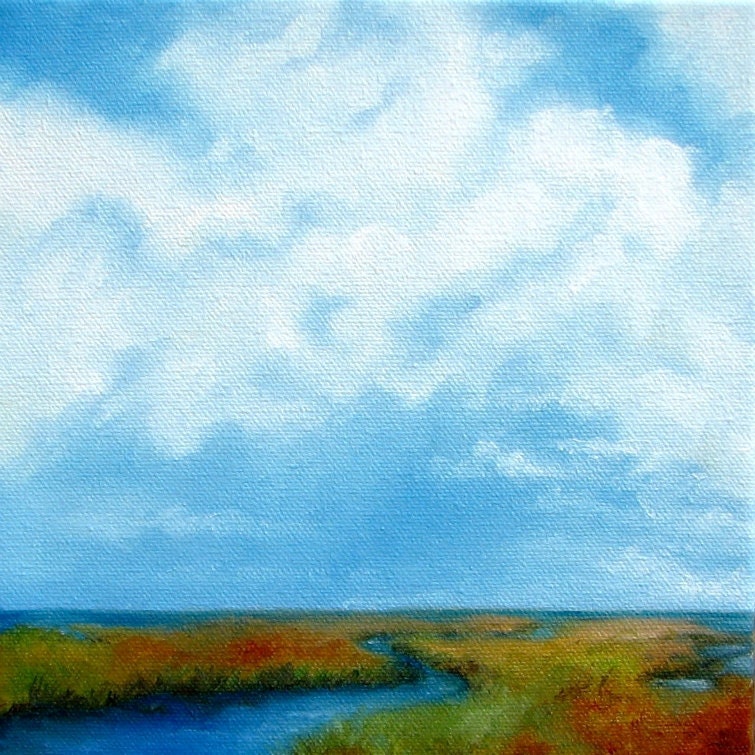Oil painting original art marshland landscape clouds home decor painting 8x8 - Marshland Journey