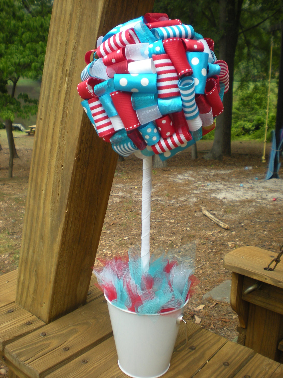 Ribbon Topiary in Dr. Seuss Blue, Red, White, Party/Shower Decoration, Centerpiece: Small Size