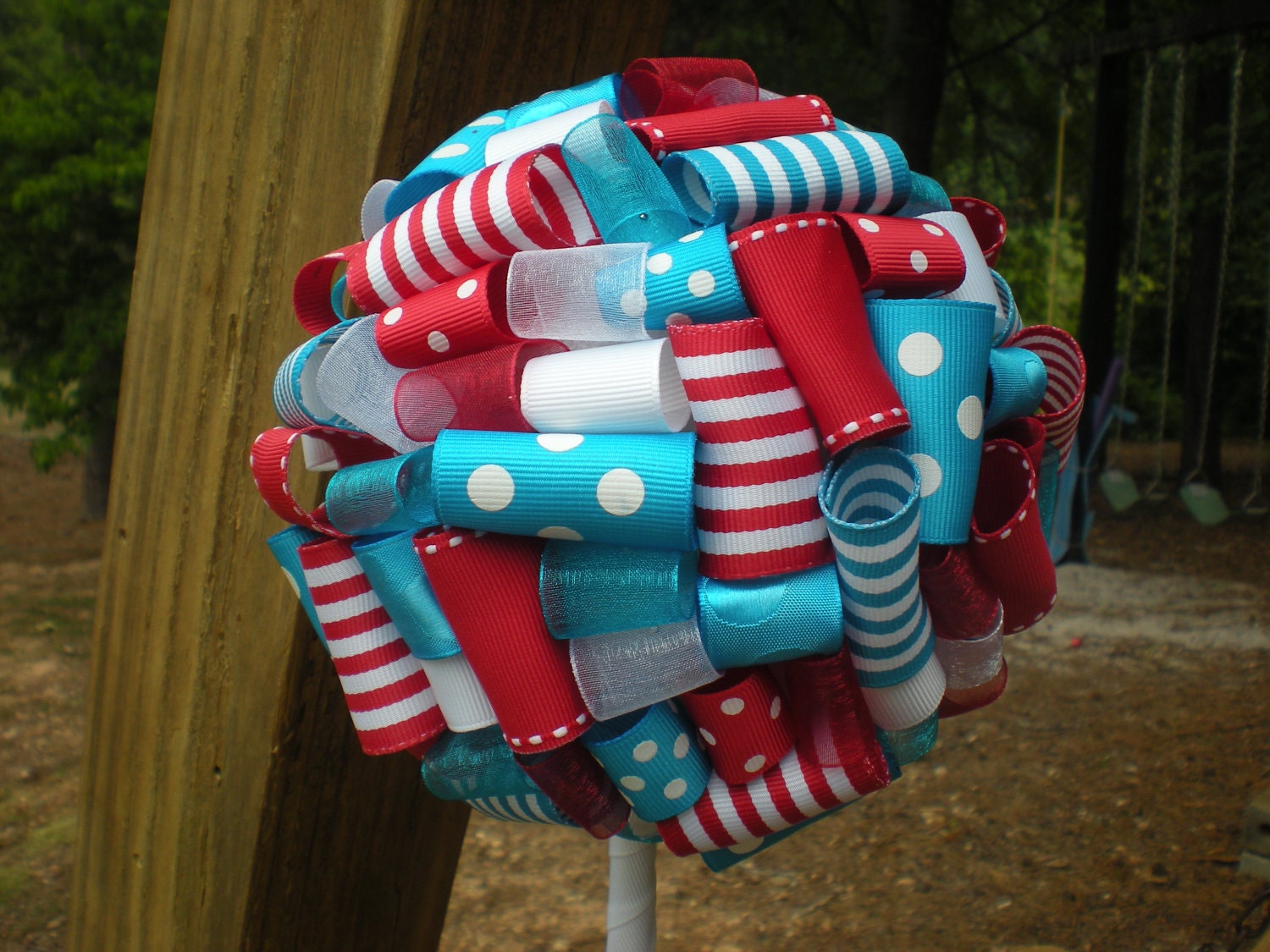 Ribbon Topiary in Dr. Seuss Blue, Red, White, Party/Shower Decoration, Centerpiece: Small Size