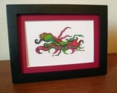 Original drawing colorful abstract art, frame included, red and green "Cheerful"