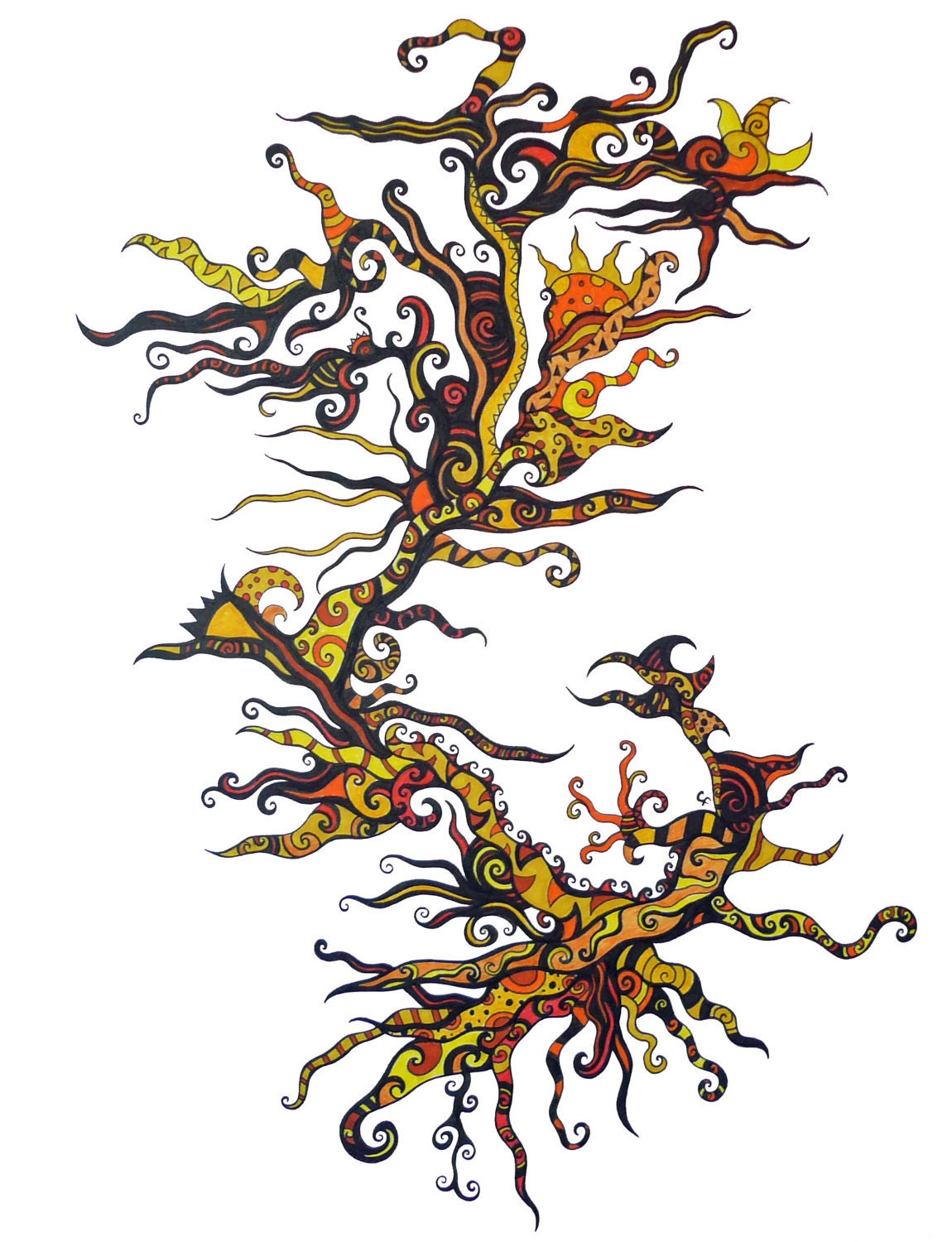 Original Abstract pen and ink drawing. Yellow orange and black abstract design  "Luminosity" colorful art